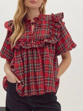entro Red Plaid Peasant Ruffle Tie-Neck Blouse